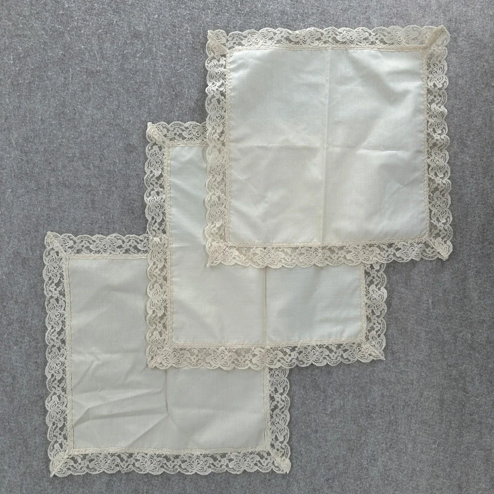 VTG Napkins Handkerchief Set Women OS Ivory Lace Trim Vintage Style 3pc